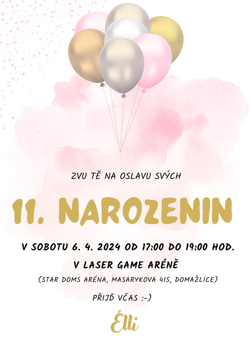 Pozvánka na dětskou narozeninovou oslavu v růžové a zlaté